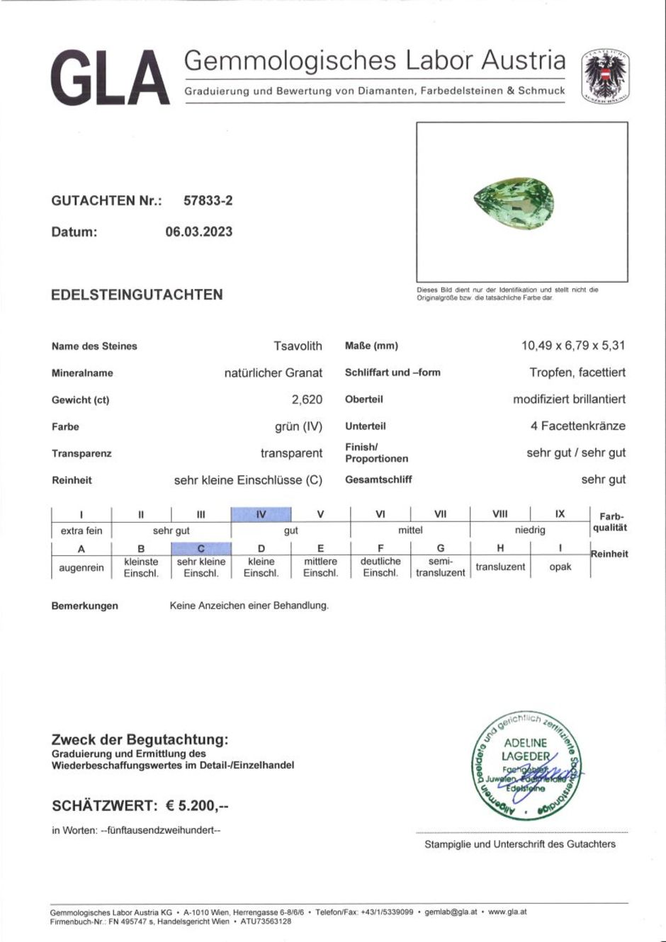 Gutachten zu Tsavorit Granat Tropfen grün 2,62 ct