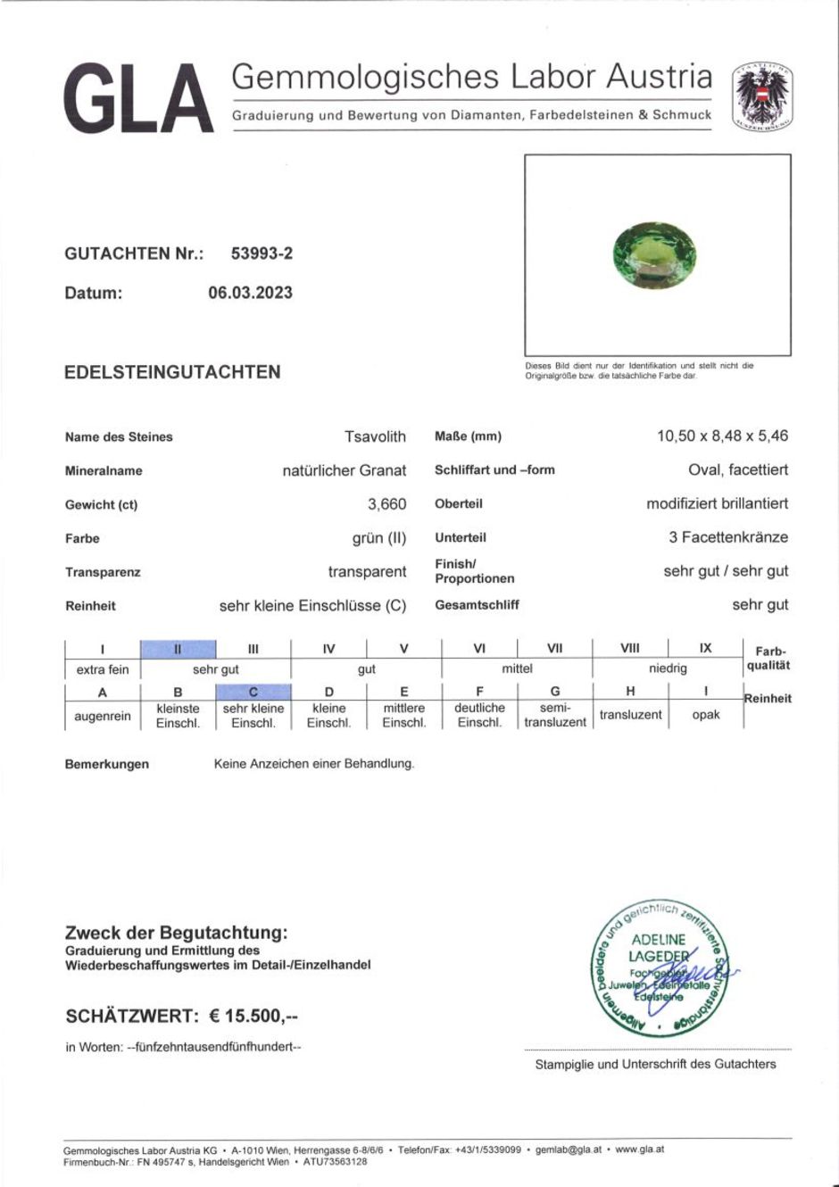 Gutachten zu Tsavorit Granat oval intensives Grün 3,66 ct