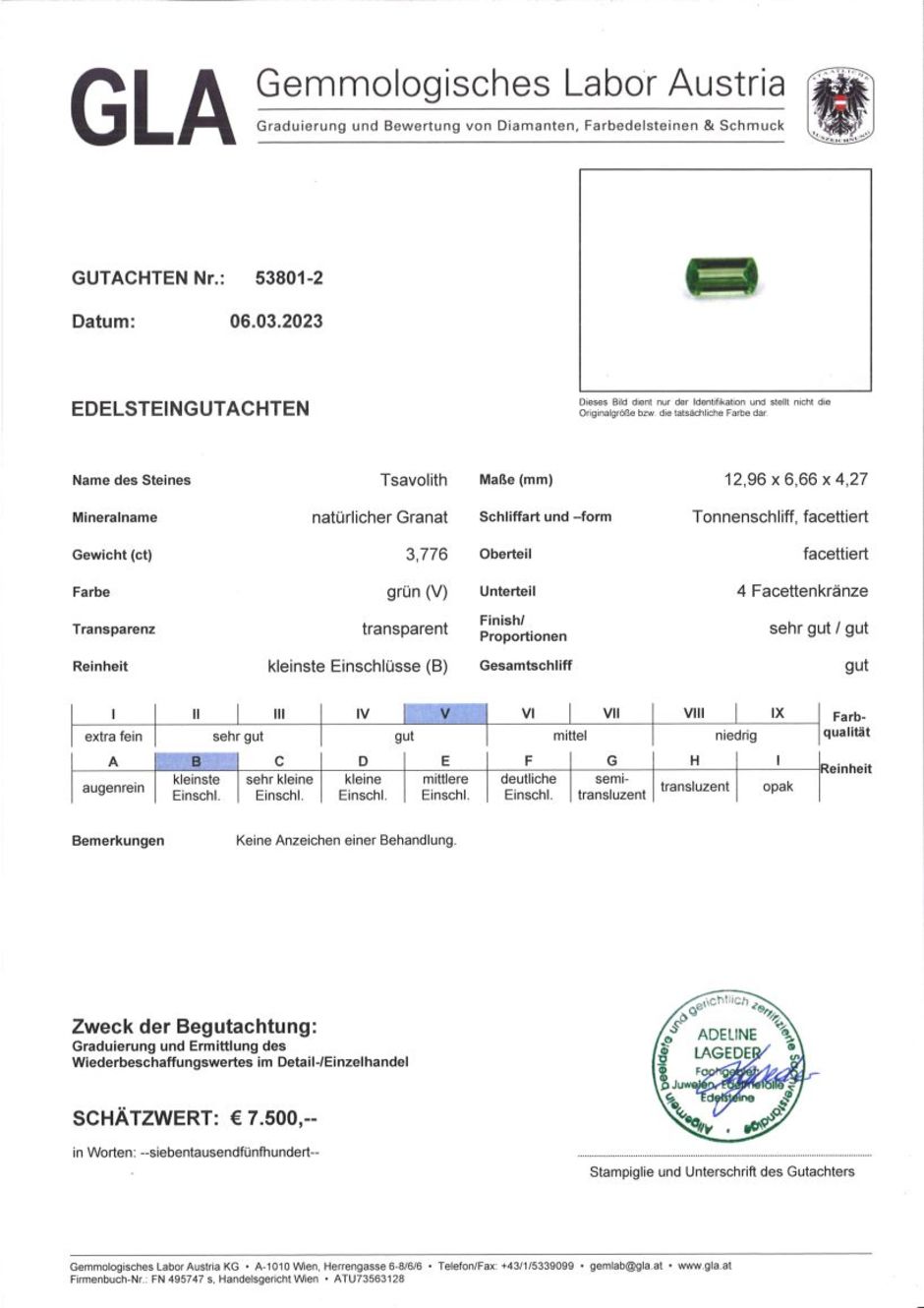 Gutachten zu Tsavorite Garnet barrel green 3.77 ct