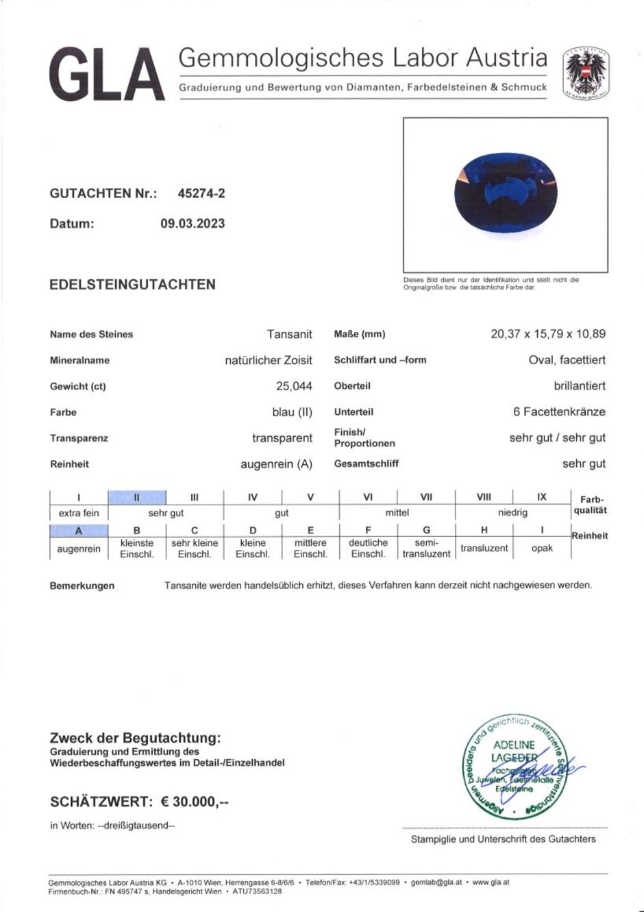 Gutachten zu Tansanit oval intensivblau 25,04 ct