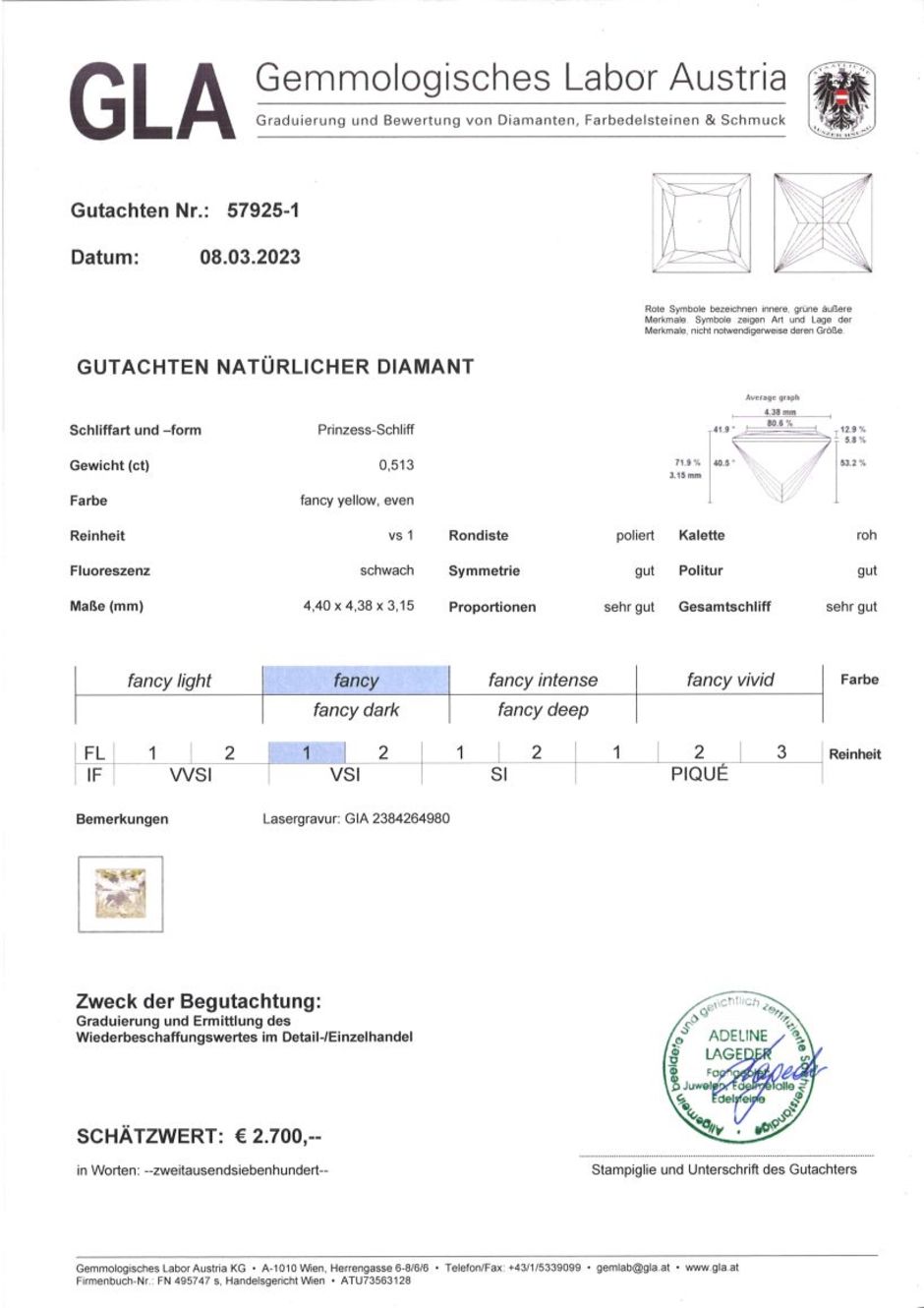 Gutachten zu Farbdiamant princess gelb vs1 0,51 ct