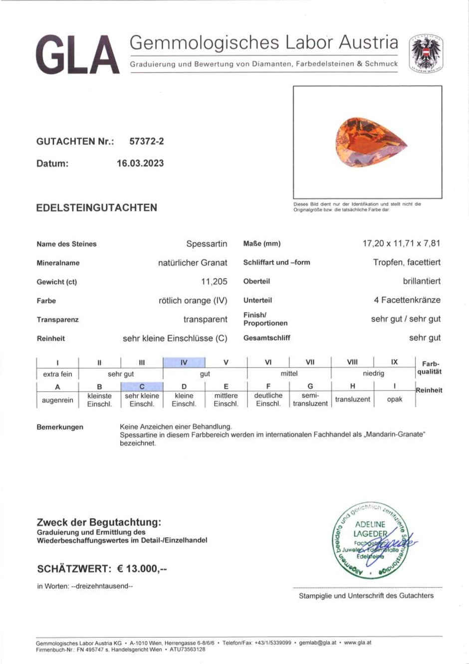 Gutachten zu Mandarin-Granat Tropfen rötlich-orange 11,20 ct