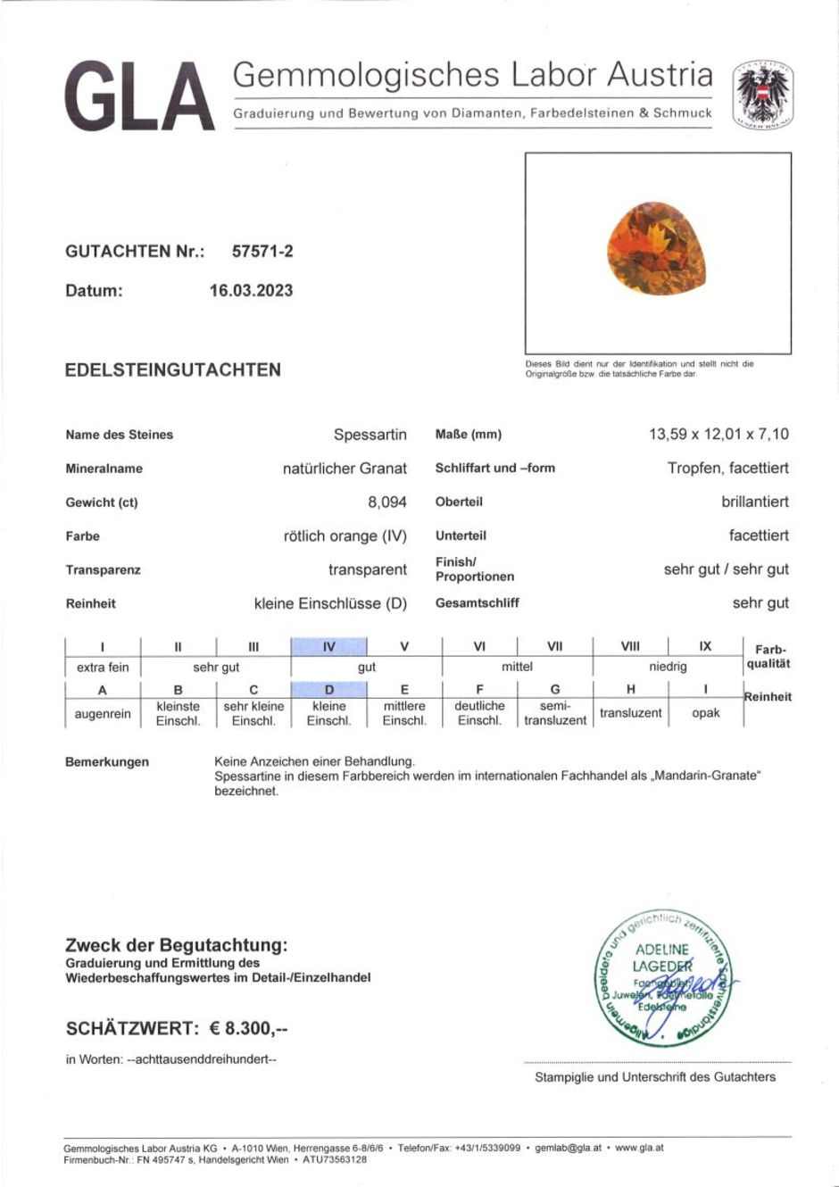 Gutachten zu Mandarin-Granat Tropfen rötlich-orange 8,09 ct