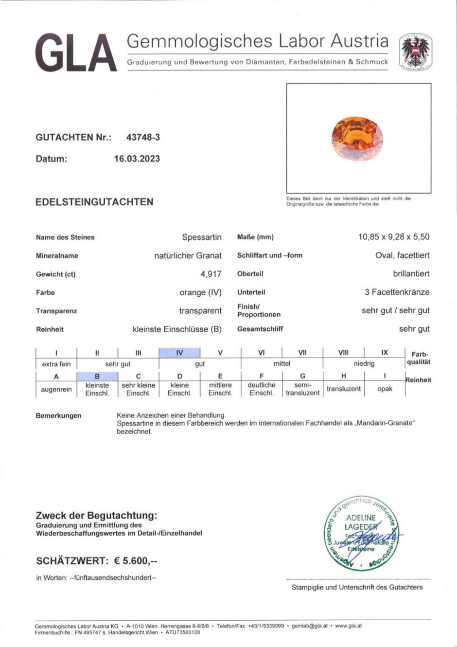 Gutachten zu Mandarin-Granat oval orange 4,91 ct.