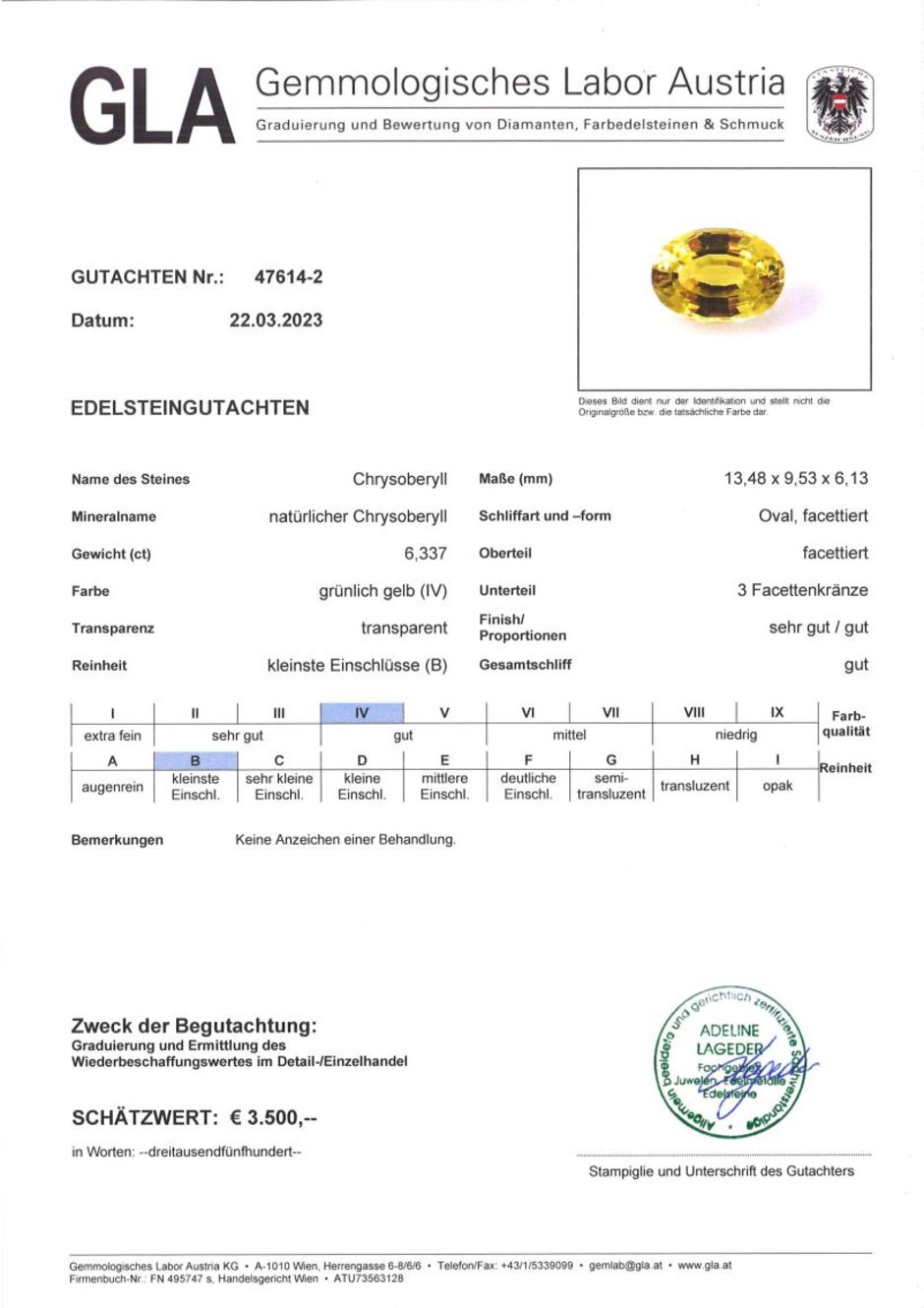 Gutachten zu Chrysoberyll oval 6,33 ct