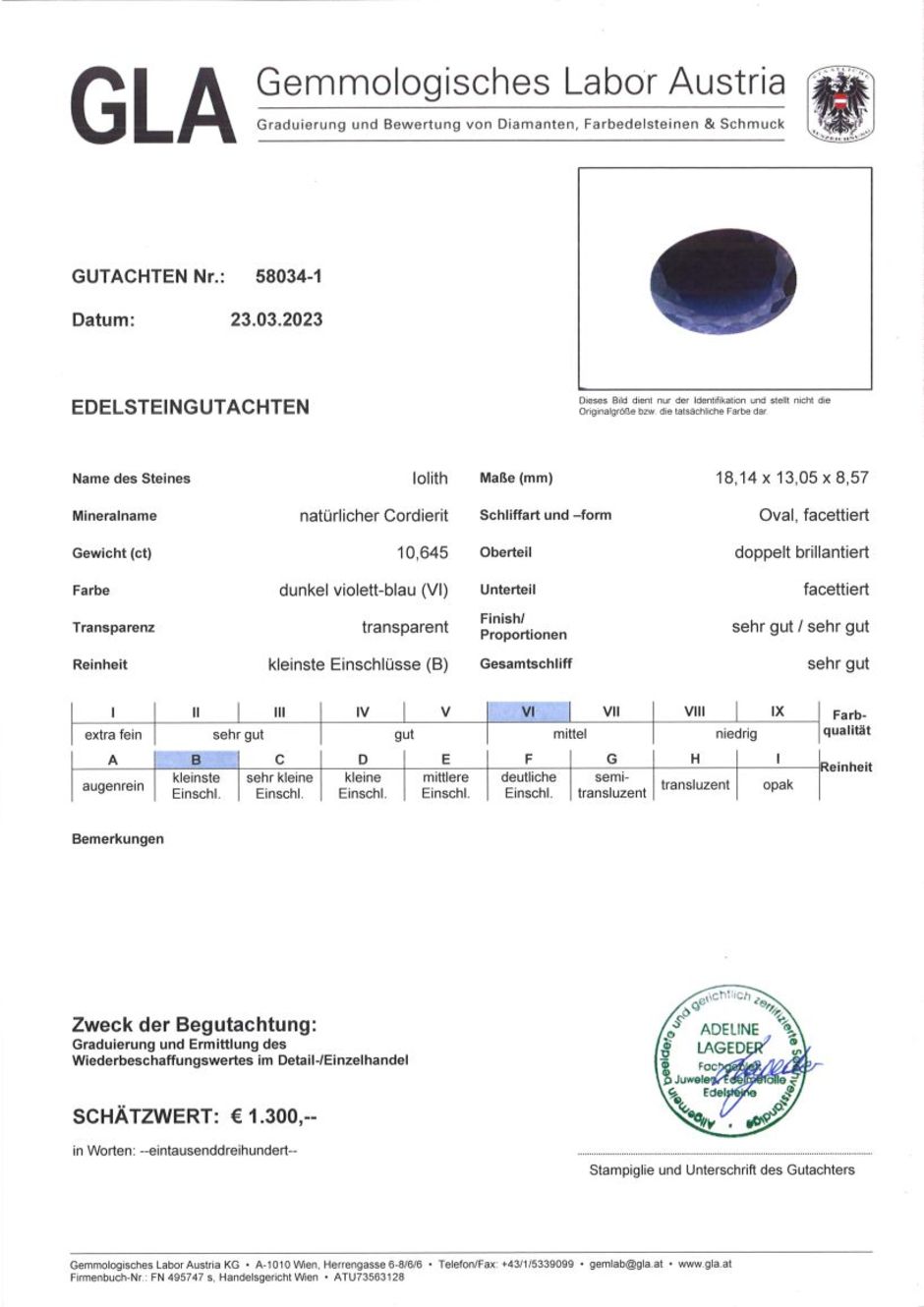 Gutachten zu Iolite oval dark blue untreated 10.64 ct.