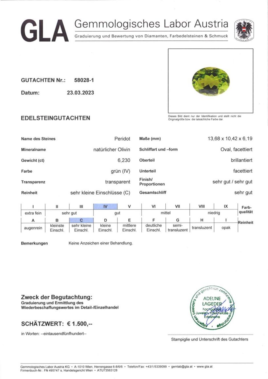 Gutachten zu Peridot oval grün 6,23 ct