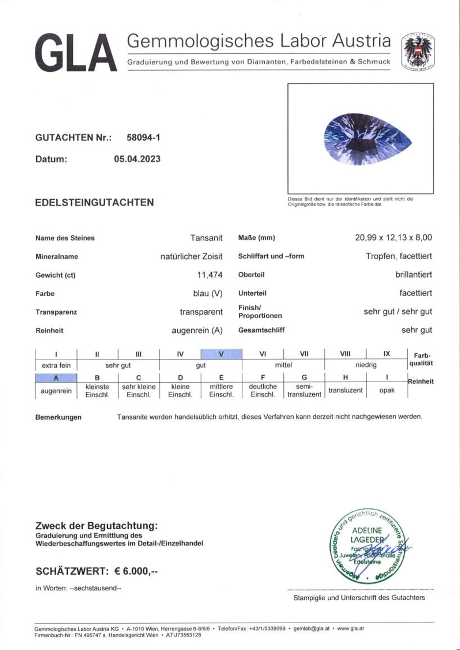 Gutachten zu Tansanit Tropfen mittelblau 11,47 ct