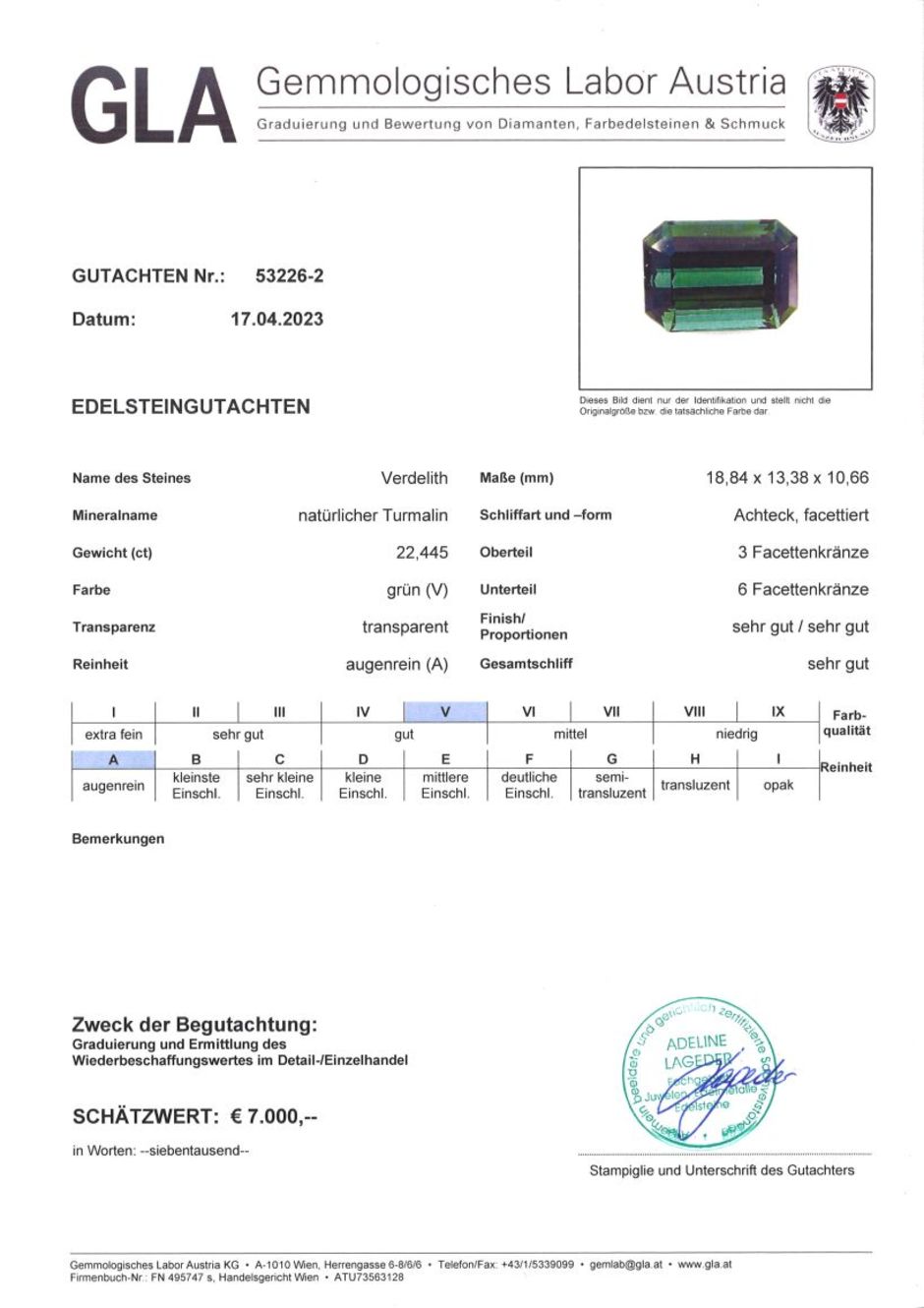 Gutachten zu Green Tourmaline Tourmaline octagon green 22.44 ct