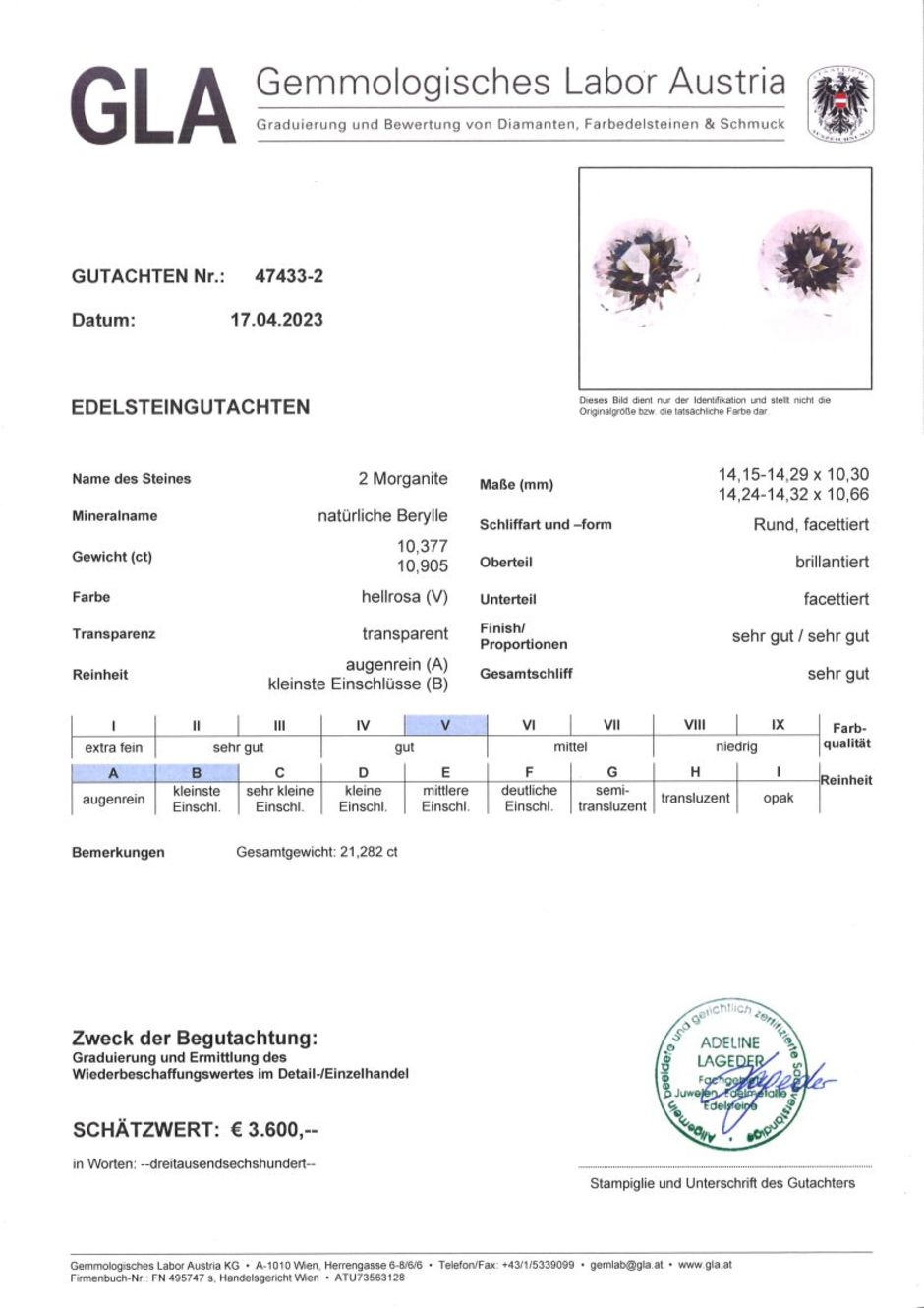 Gutachten zu Morganit Duo rund hellrosa 21,28 ct