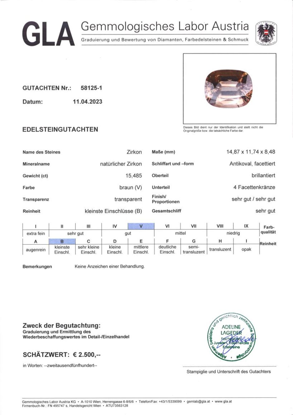 Gutachten zu Zirkon antikoval braun ungebrannt 15,48 ct