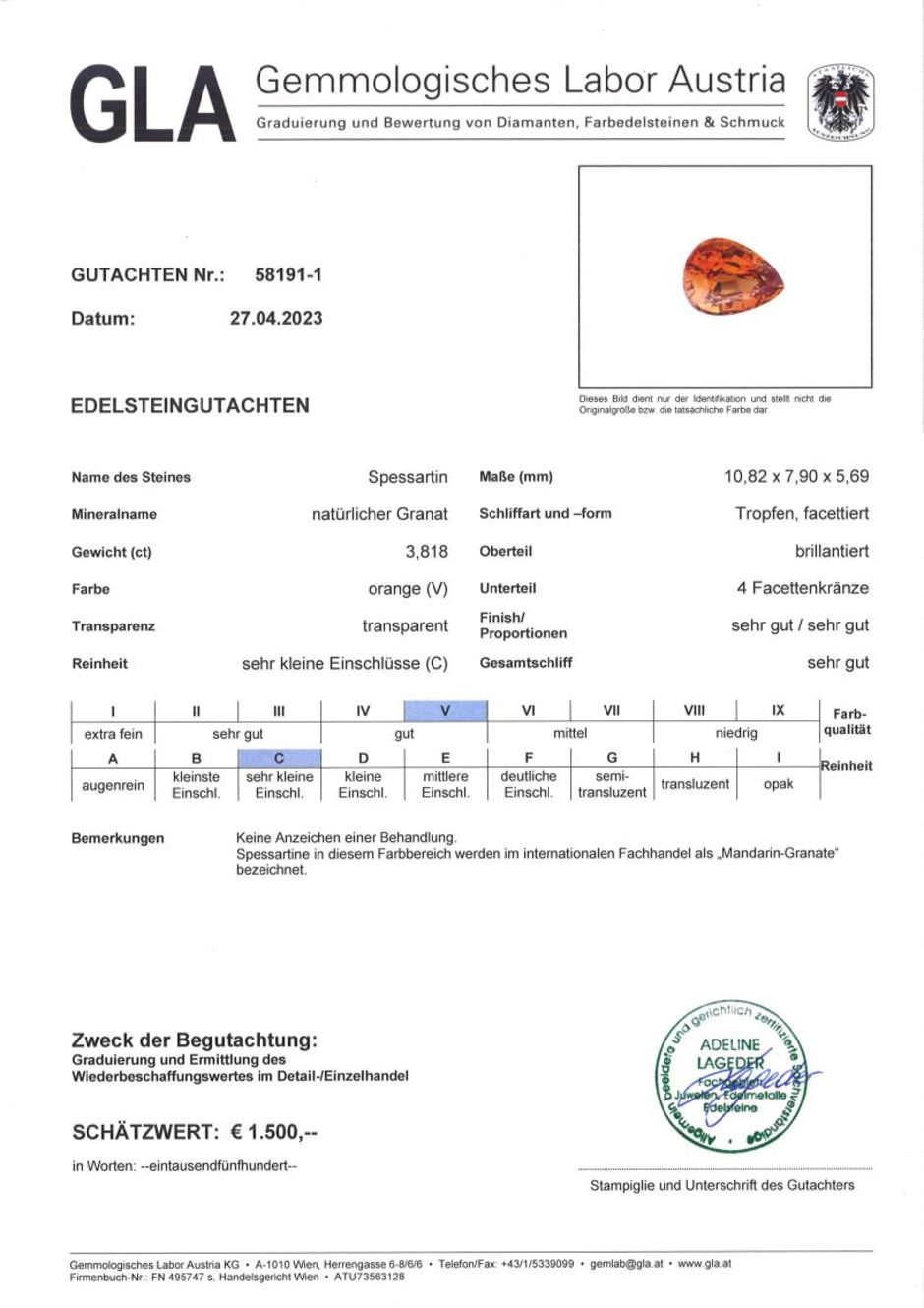 Gutachten zu Mandarin-Granat Tropfen orange 3,81 ct.