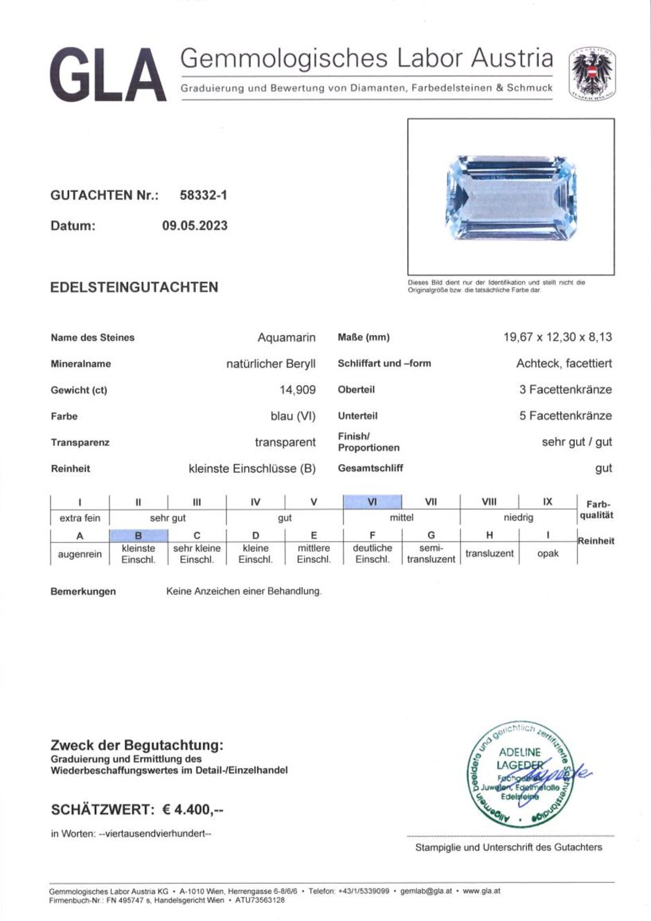 Gutachten zu Aquamarin octagon sehr helles Blau unbehandelt 14,90 ct