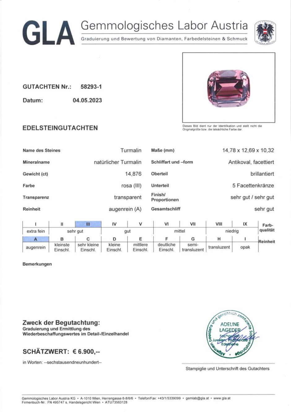 Gutachten zu Turmalin antik intensives Rosa 14,87 ct