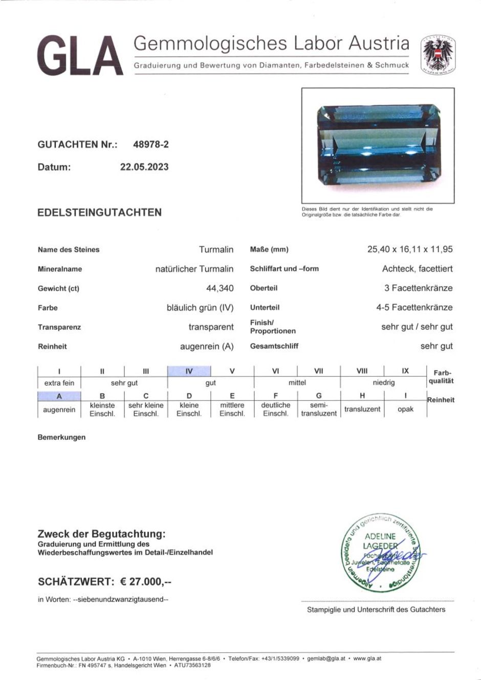 Gutachten zu Turmalin octagon blaugrün 44,34 ct.