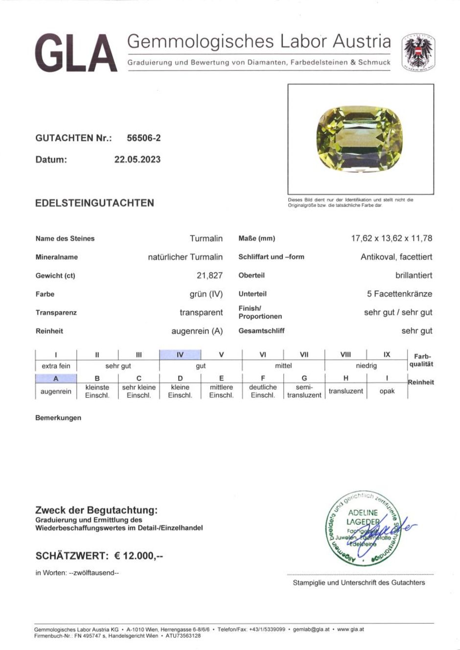 Gutachten zu Turmalin antikoval gelblich grün 21,82 ct