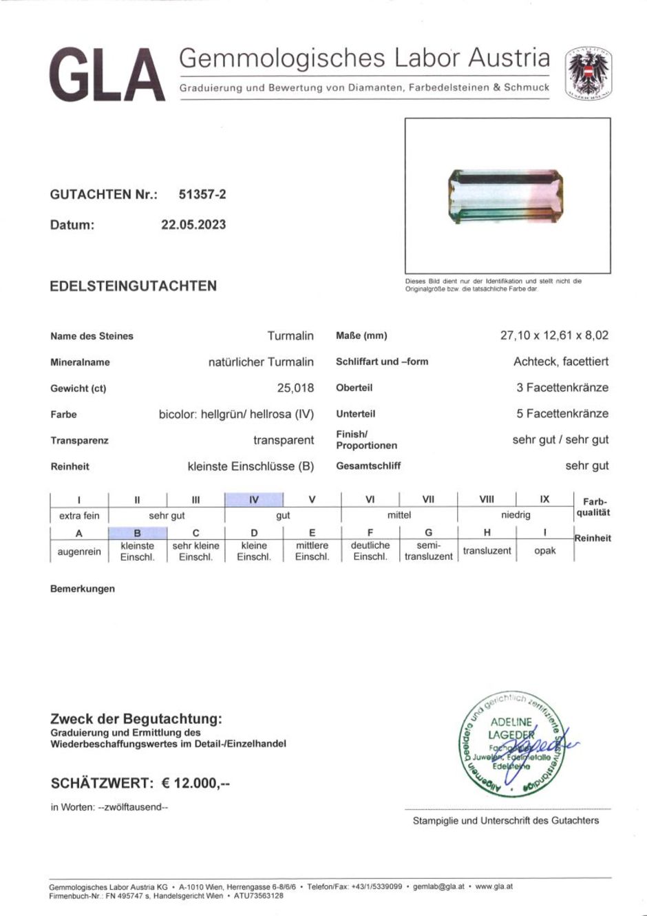 Gutachten zu Bicolor Turmalin octagon hellgrün+rosa 25,01 ct.