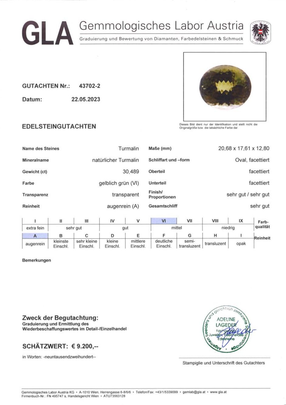 Gutachten zu Tourmaline oval yellowish green 30.48 ct