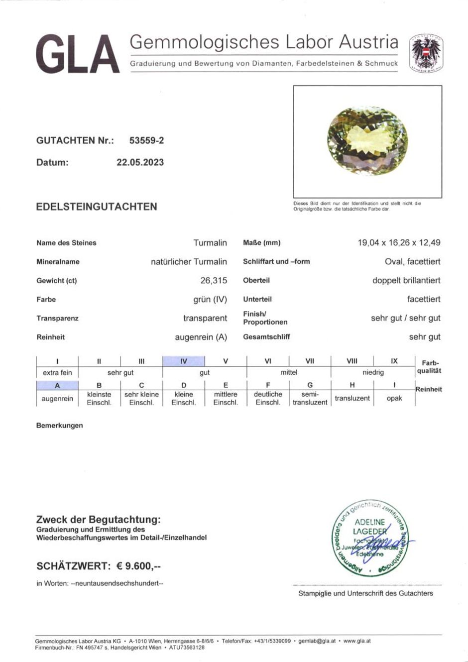 Gutachten zu Turmalin oval gelblich grün 26,31 ct.