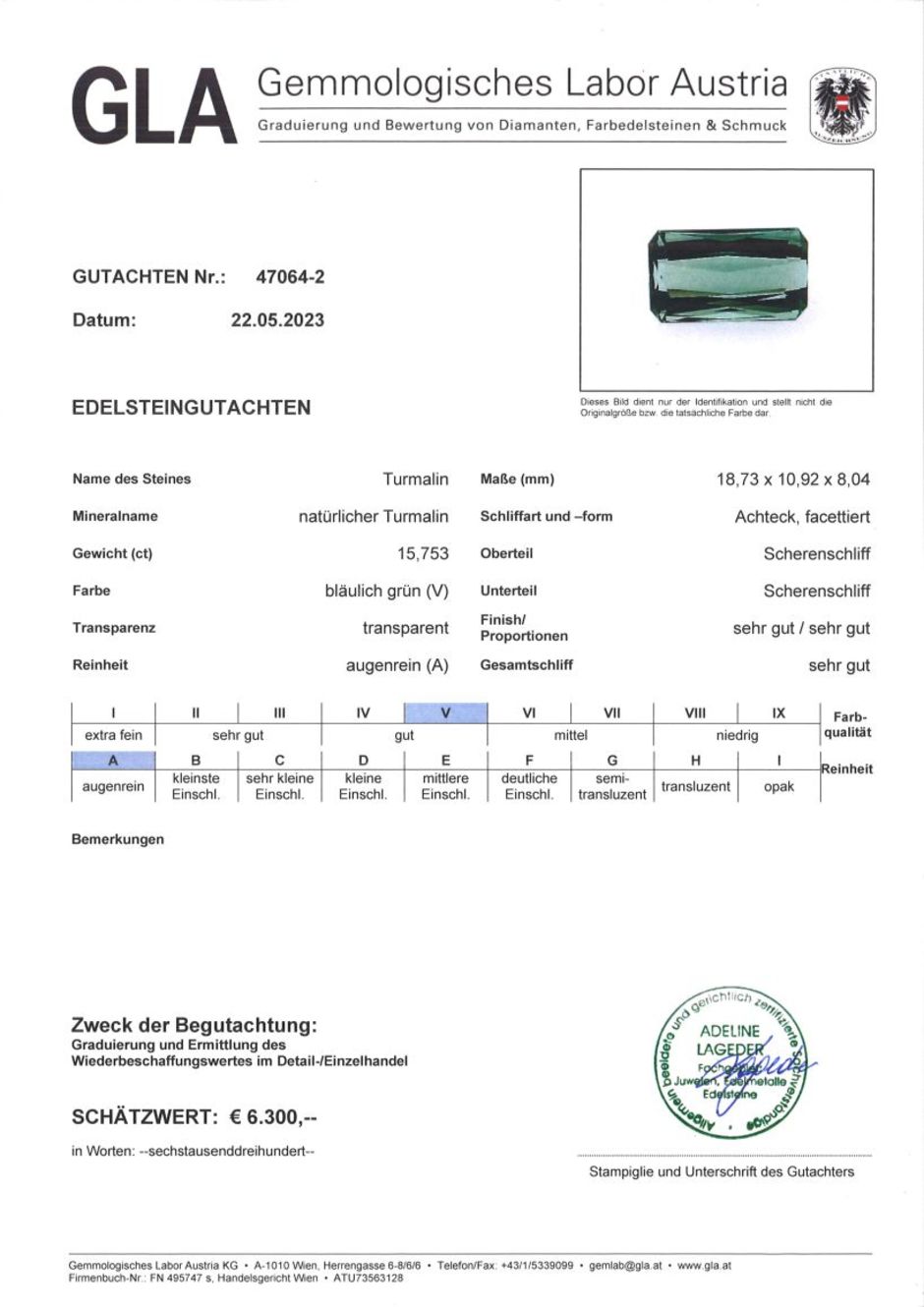 Gutachten zu Turmalin octagon bläulich-hellgrün 15,75 ct