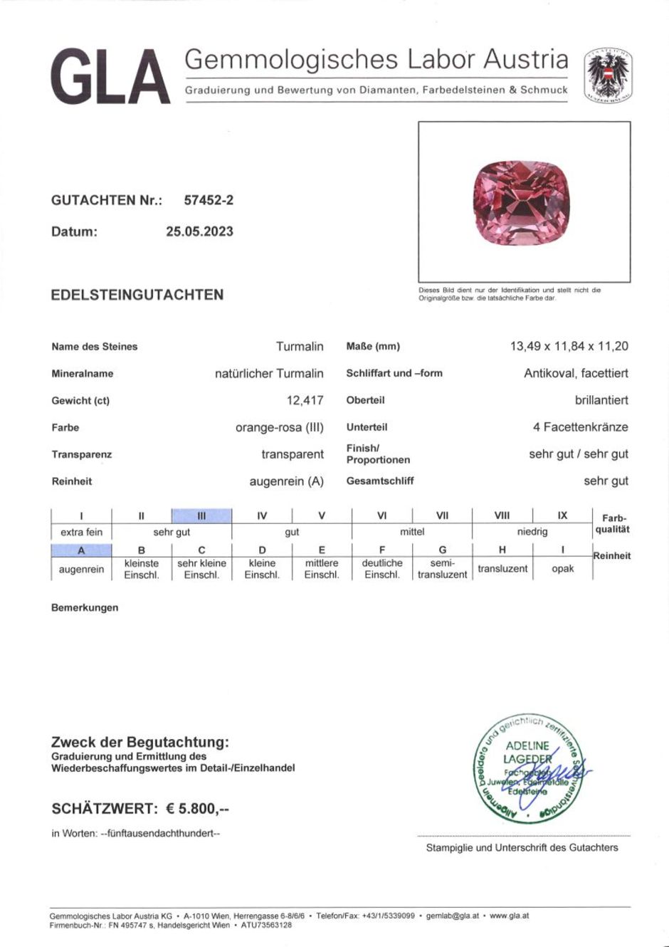 Gutachten zu Turmalin antik rosa 12,41 ct.