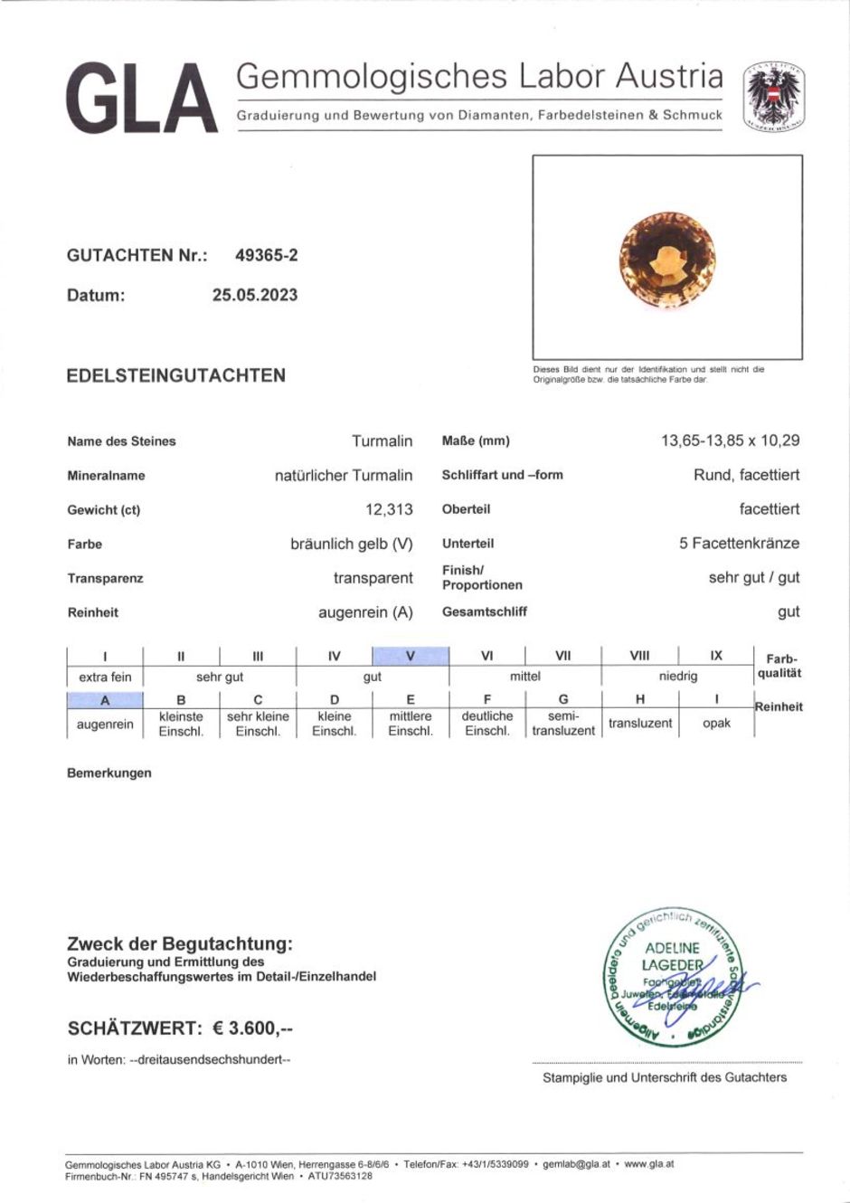 Gutachten zu Turmalin rund bräunlich-gelb 12,31 ct