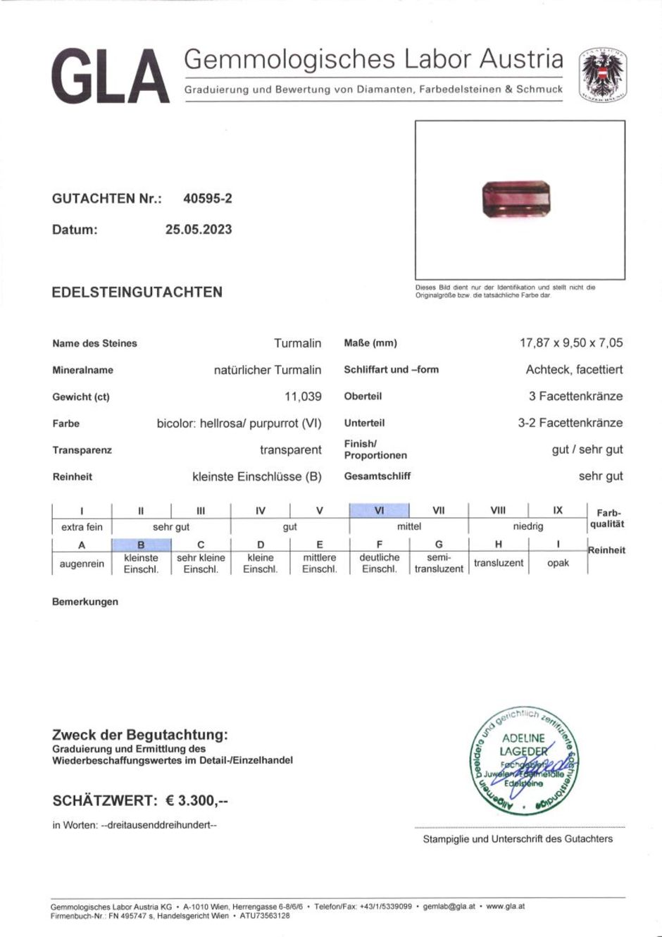 Gutachten zu Turmalin octagon bräunlich+rosarot 11,03 ct.