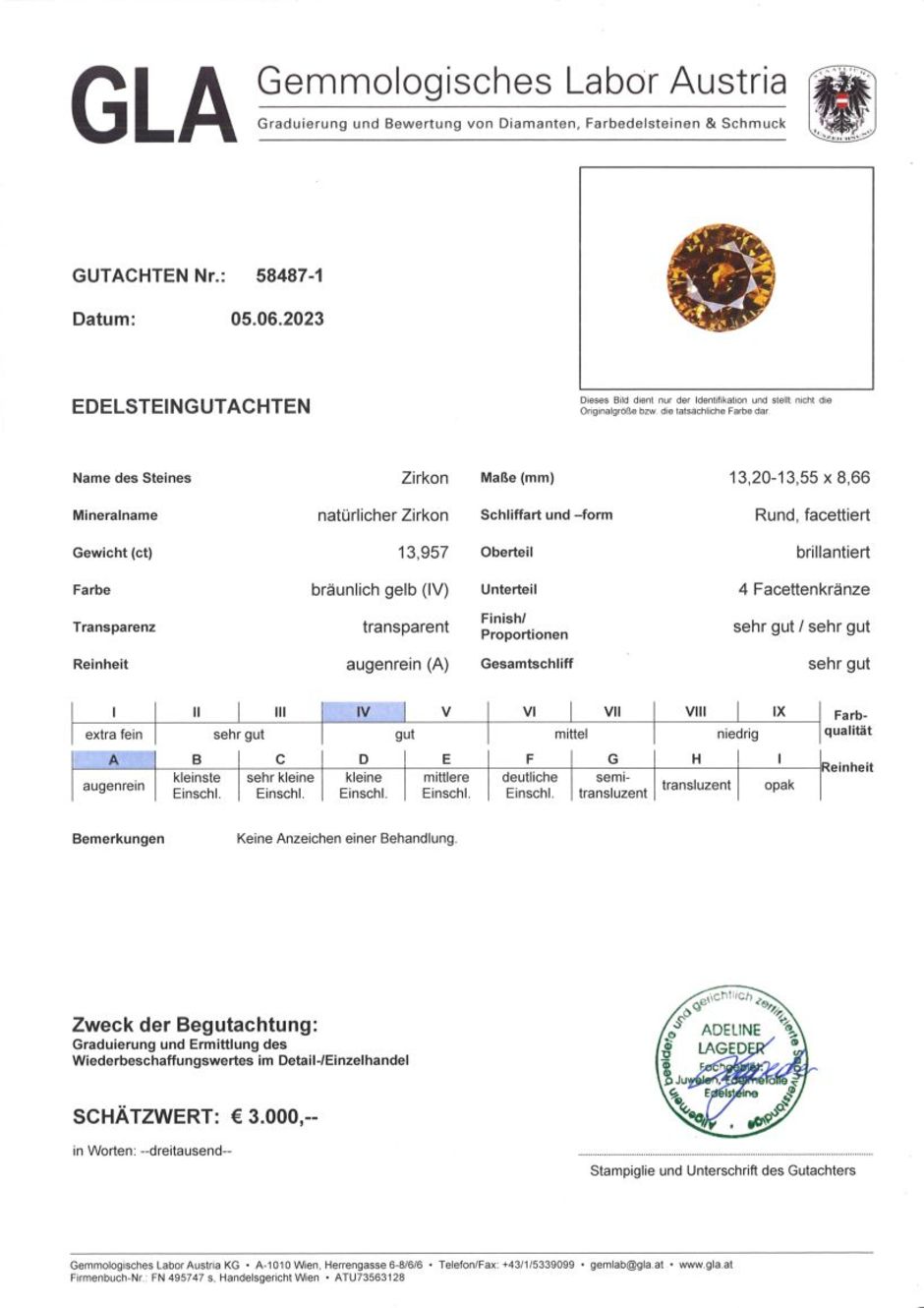 Gutachten zu Zircon round brownish yellow 13.95 ct.