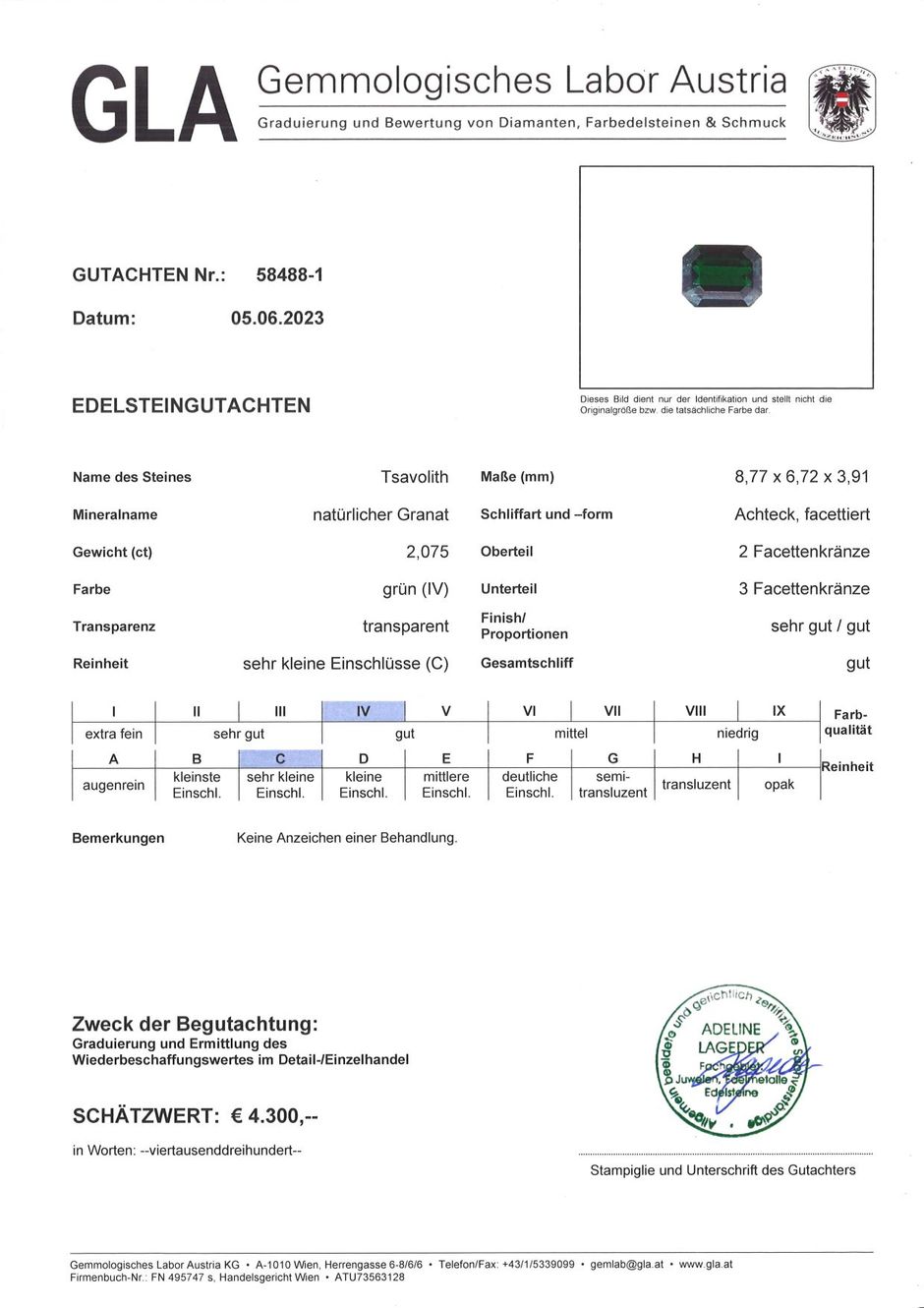 Gutachten zu Tsavorit Granat octagon dunkles Grün 2,07 ct.