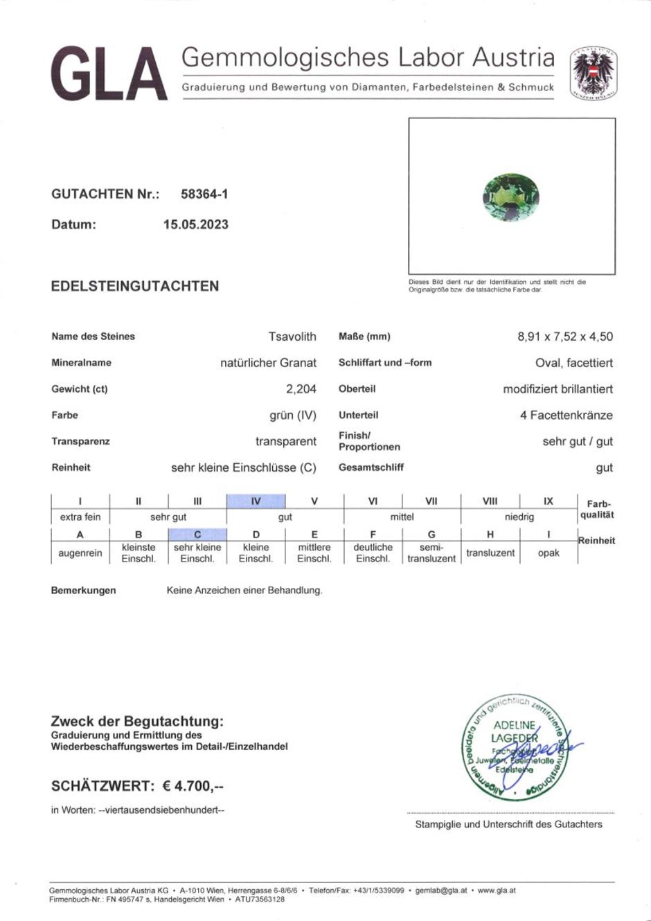 Gutachten zu Tsavorite Garnet oval green untreated 2.20 ct