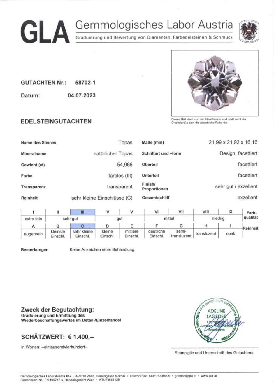 Gutachten zu Topaz design-octagon colorless 54.96 ct