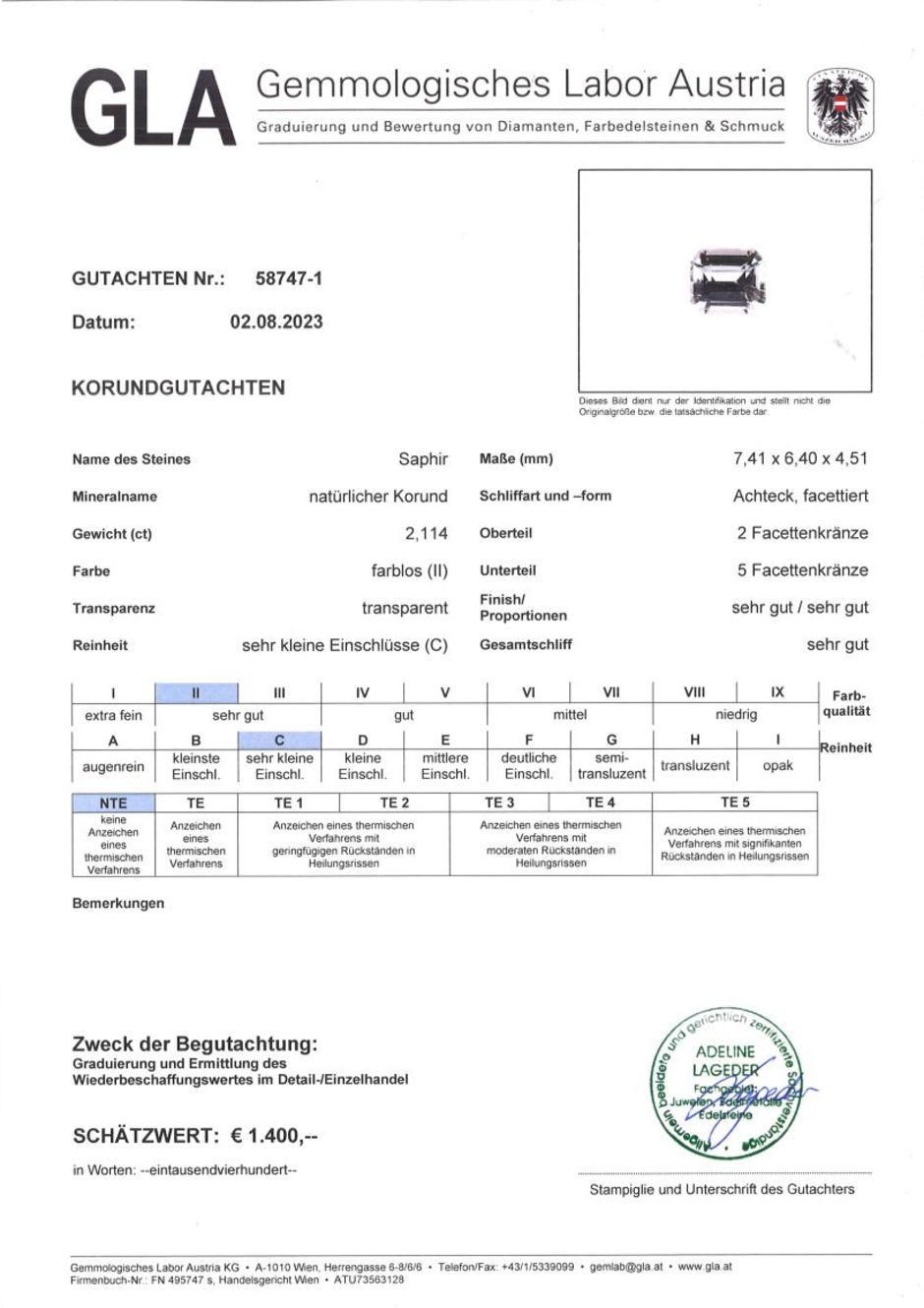 Gutachten zu Sapphire octagon colorless unheated 2.11 ct.