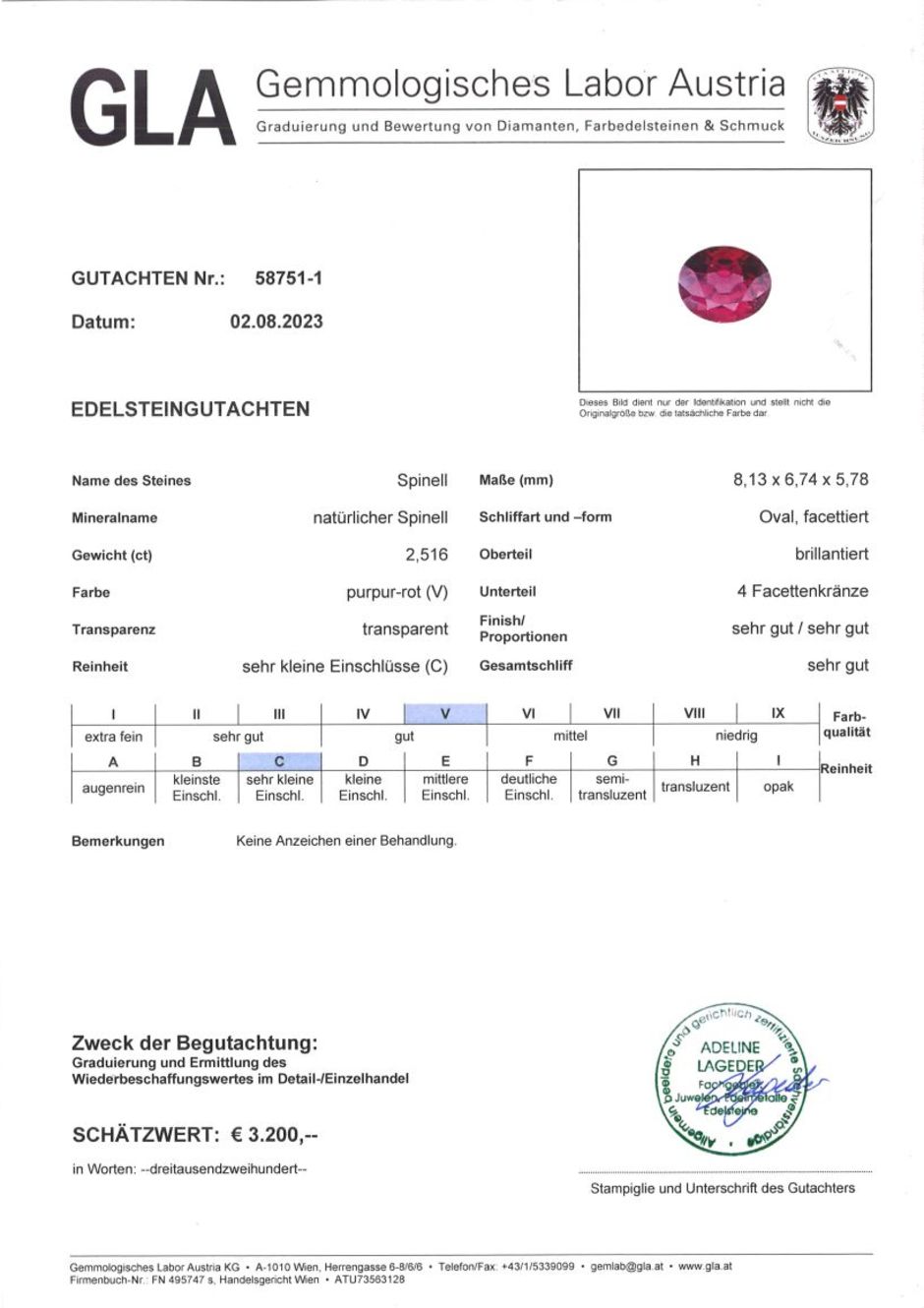 Gutachten zu Spinel oval purple red 2.51 ct