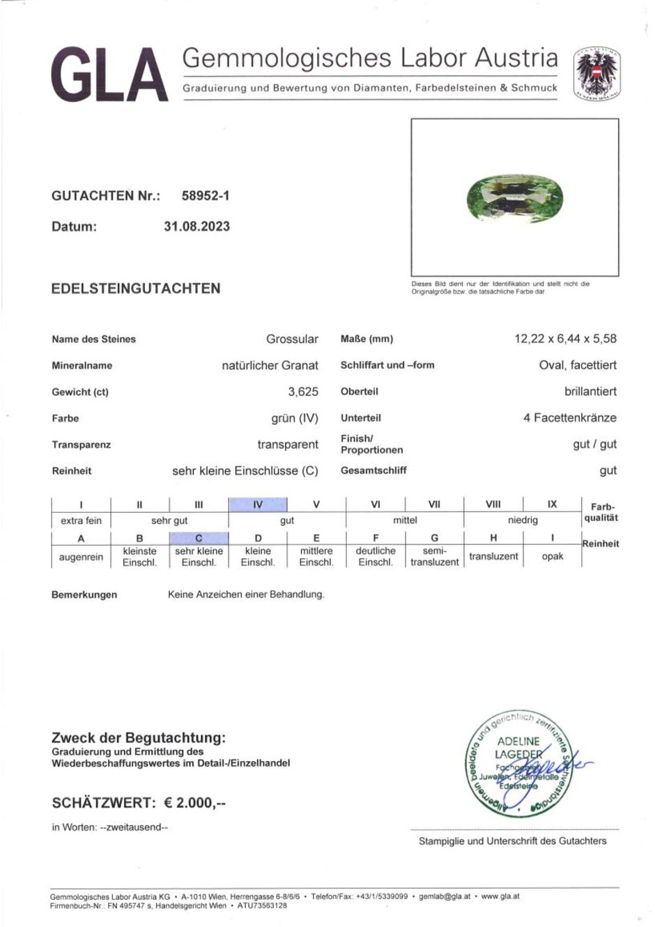 Gutachten zu Garnet oval mint green 3.62 ct