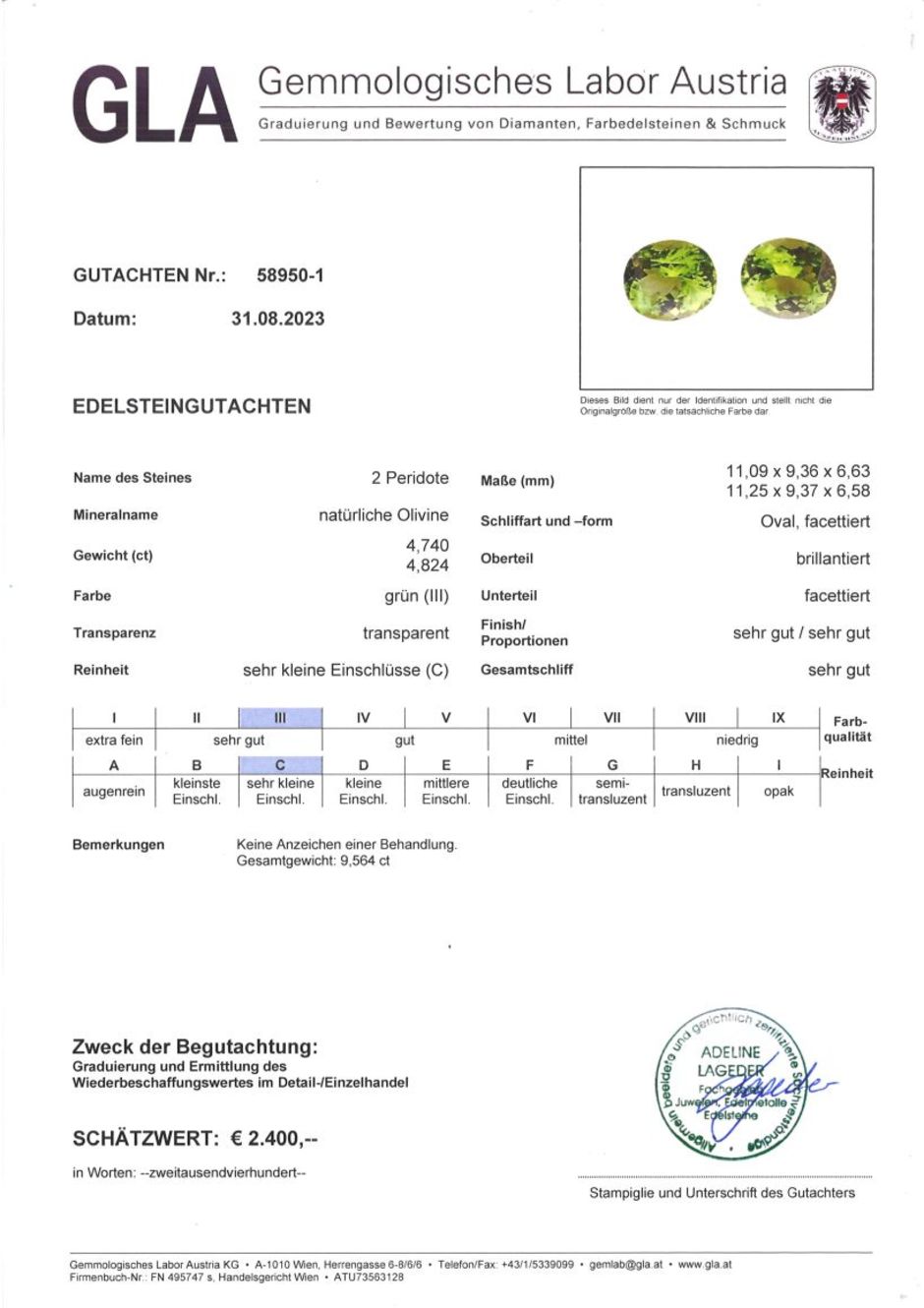 Gutachten zu Peridot Pair oval green untreated 9.56 ct