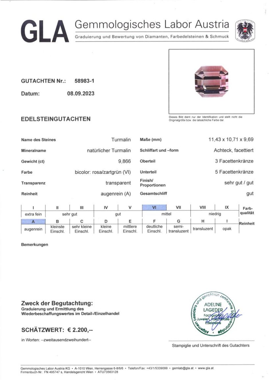 Gutachten zu Turmalin octagon bicolor 9,86 ct