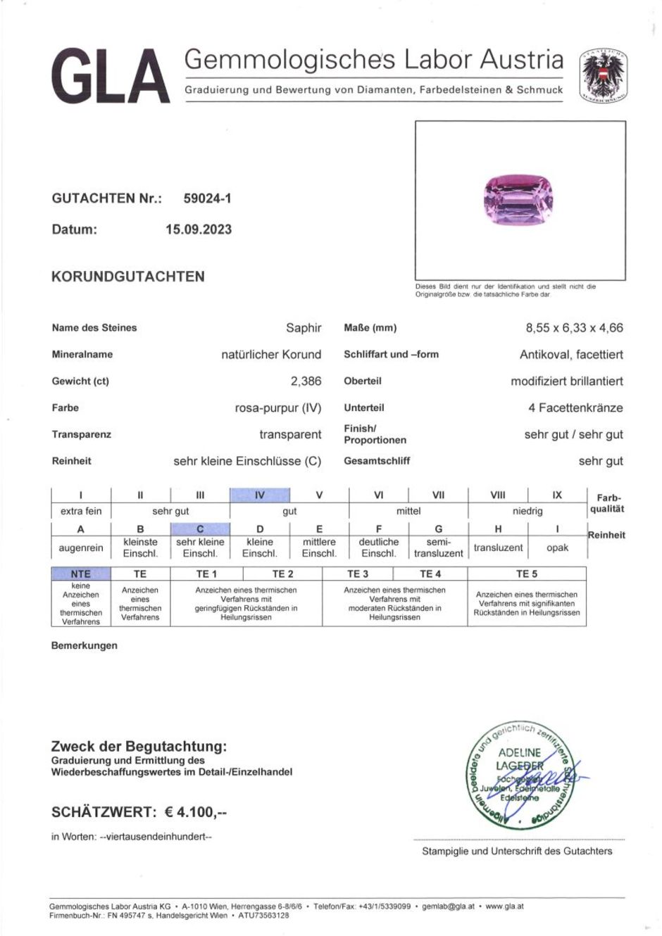 Gutachten zu Saphir antik purpur-rosa ungebrannt 2,38 ct