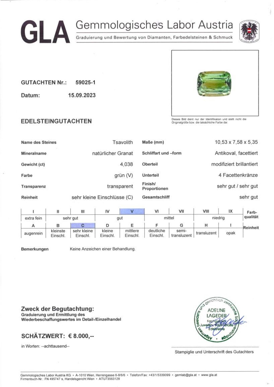 Gutachten zu Tsavorit Granat antik grün 4,03 ct