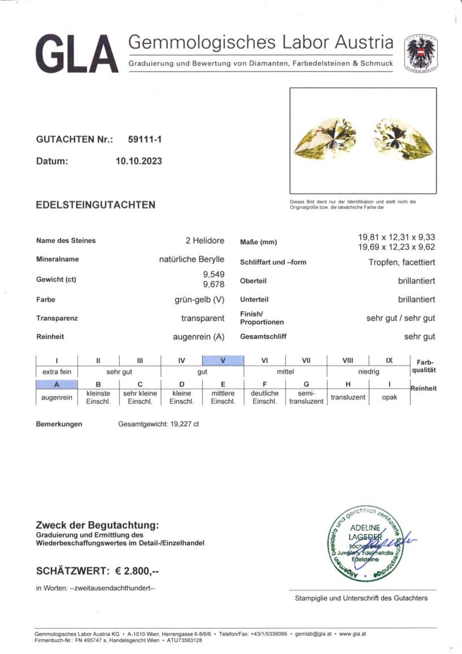 Gutachten zu Heliodor Pair Edelberylle pear greenish yellow 19.22 ct