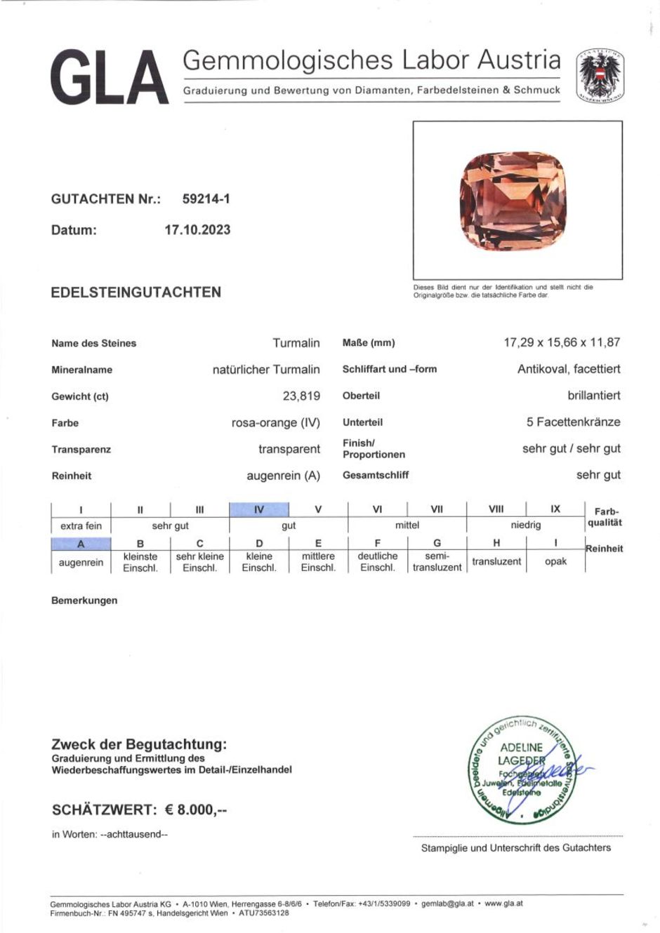 Gutachten zu Turmalin antik rosaorange 23,81 ct