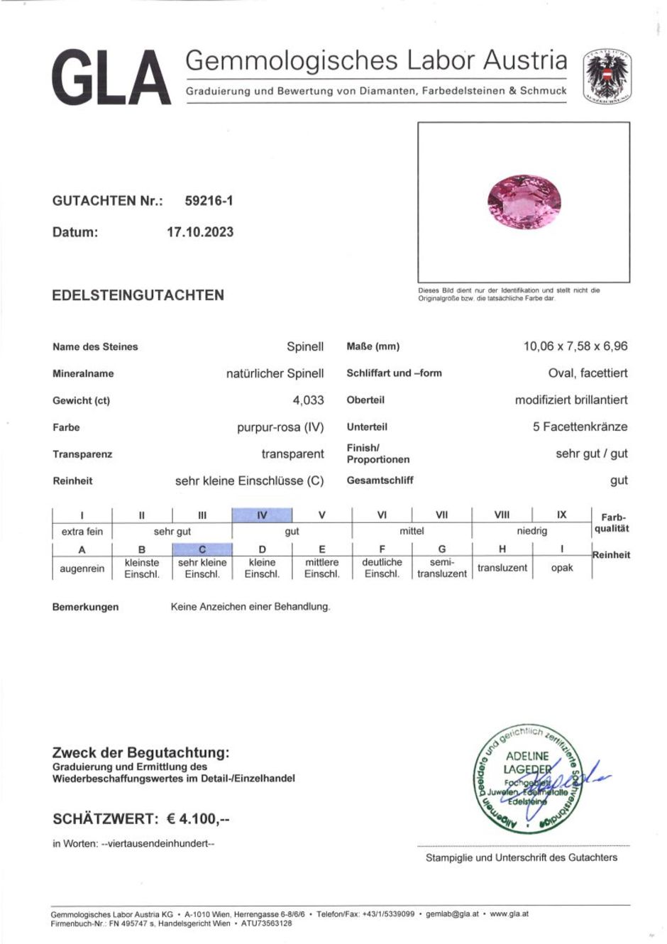 Gutachten zu Spinel oval purplish pink 4.03 ct