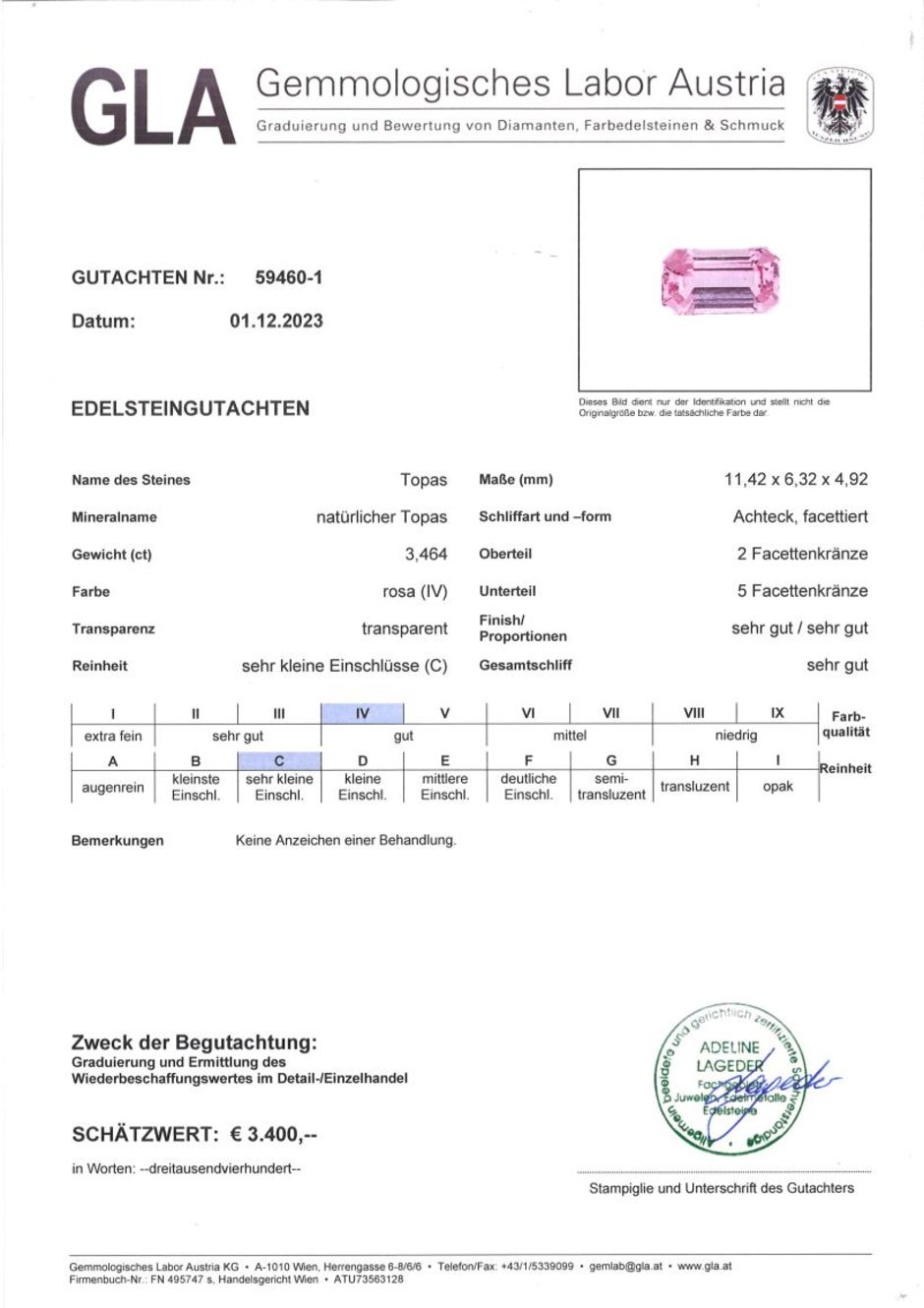 Gutachten zu Topaz octagon pink untreated 3.46 ct.