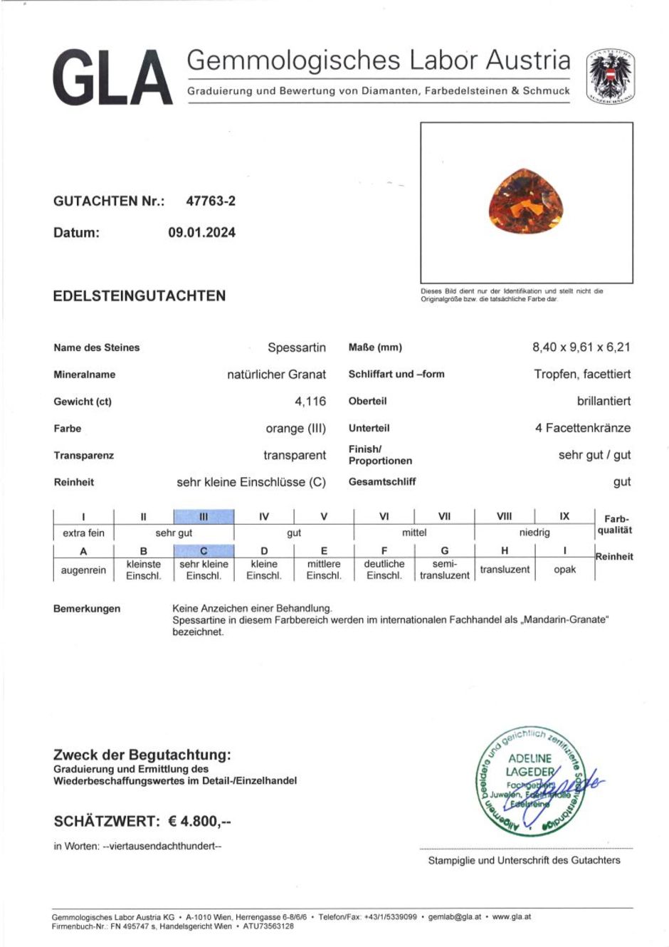 Gutachten zu Mandarin-Granat Tropfen orange 4,11 ct.