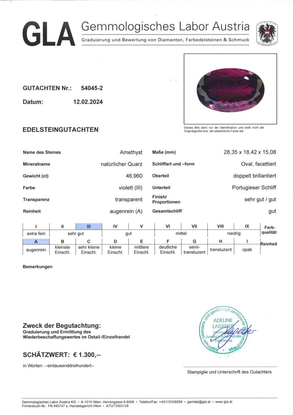 Gutachten zu Amethyst oval intensives Violett 46,96 ct