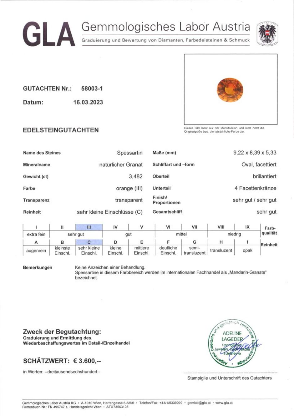 Gutachten zu Mandarin Granat oval orange 3,48 ct