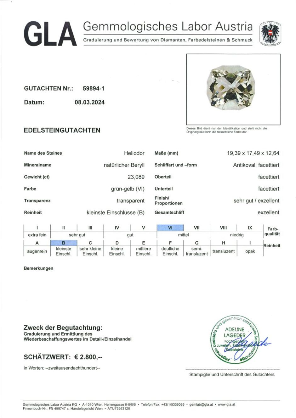 Gutachten zu Heliodor Beryll Design-Antik greenish yellow 23.08 ct.