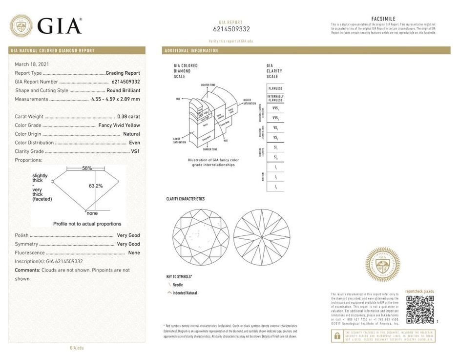 Gutachten zu Fancy Diamond round brilliant sehr intense yellow vs1 0.38 ct.