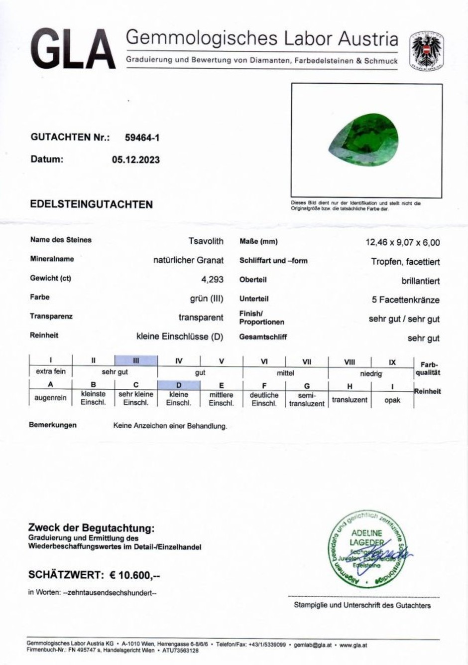 Gutachten zu Tsavorit Granat Tropfen intensives Grün 4,29 ct