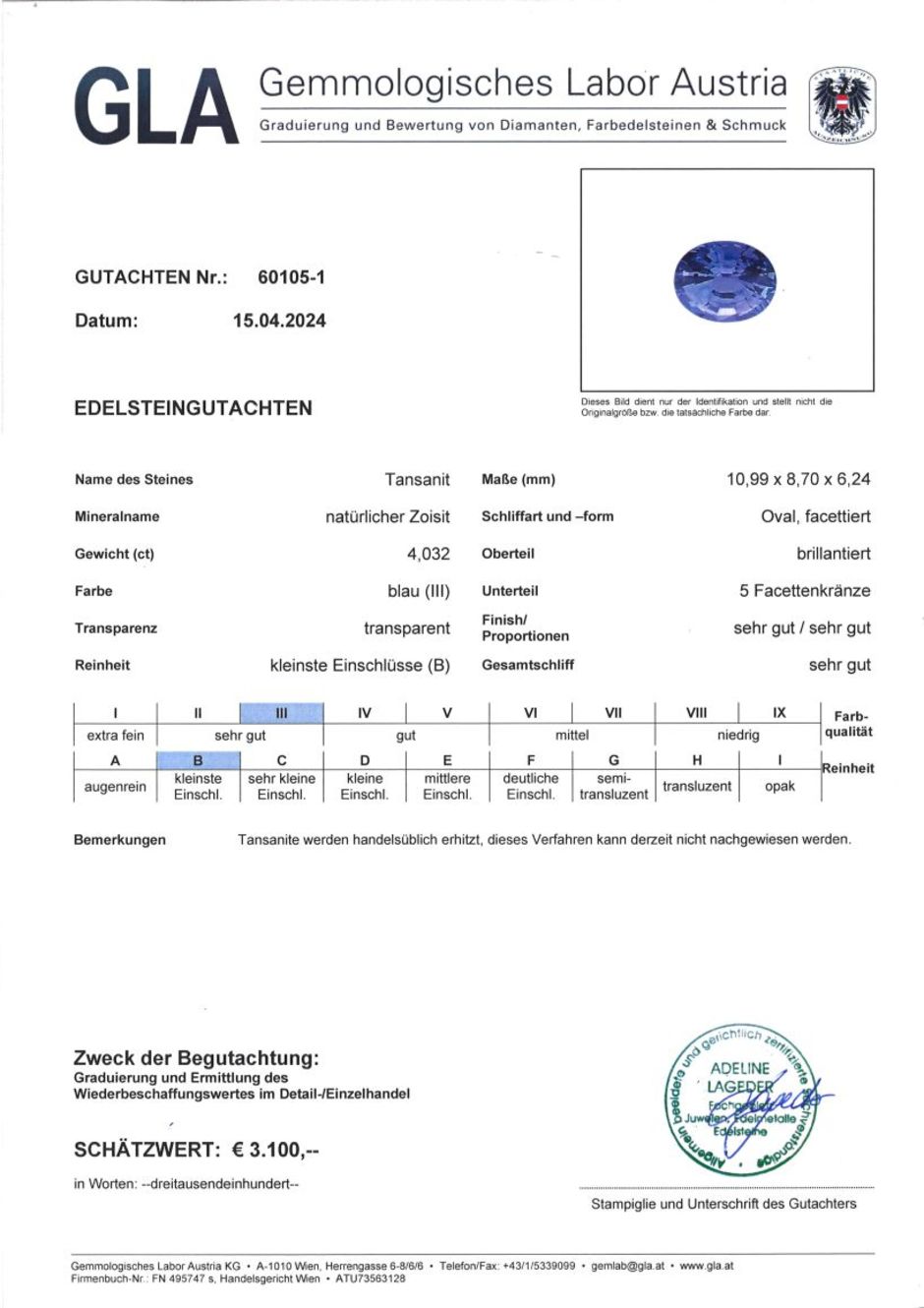 Gutachten zu Tansanit oval intensives Blau 4,03 ct