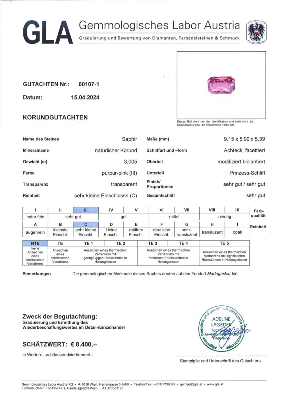 Gutachten zu Saphir octagon-princess pink ungebrannt 3,00 ct